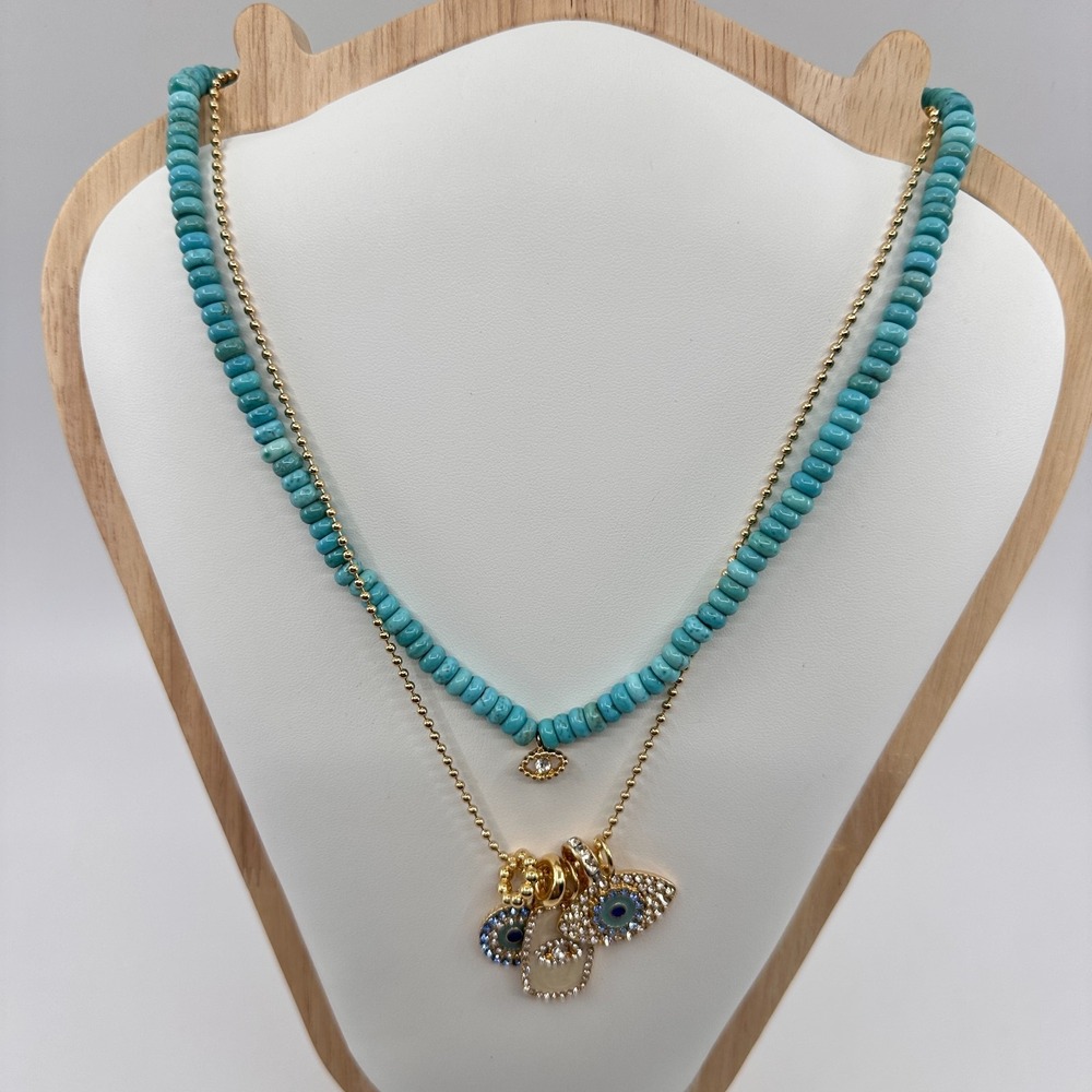 Turquoise & Gold Tone Beaded Evil Eye Layered Necklace Rhinestone Bohemian Gift - Picture 5 of 17